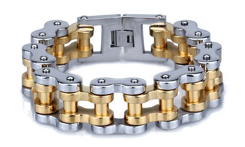 LICA Bike Chain Bracelets 23cm Stainless Steel Gold Color Male Bicycle Link Chain Bracelets Homme Jewelry