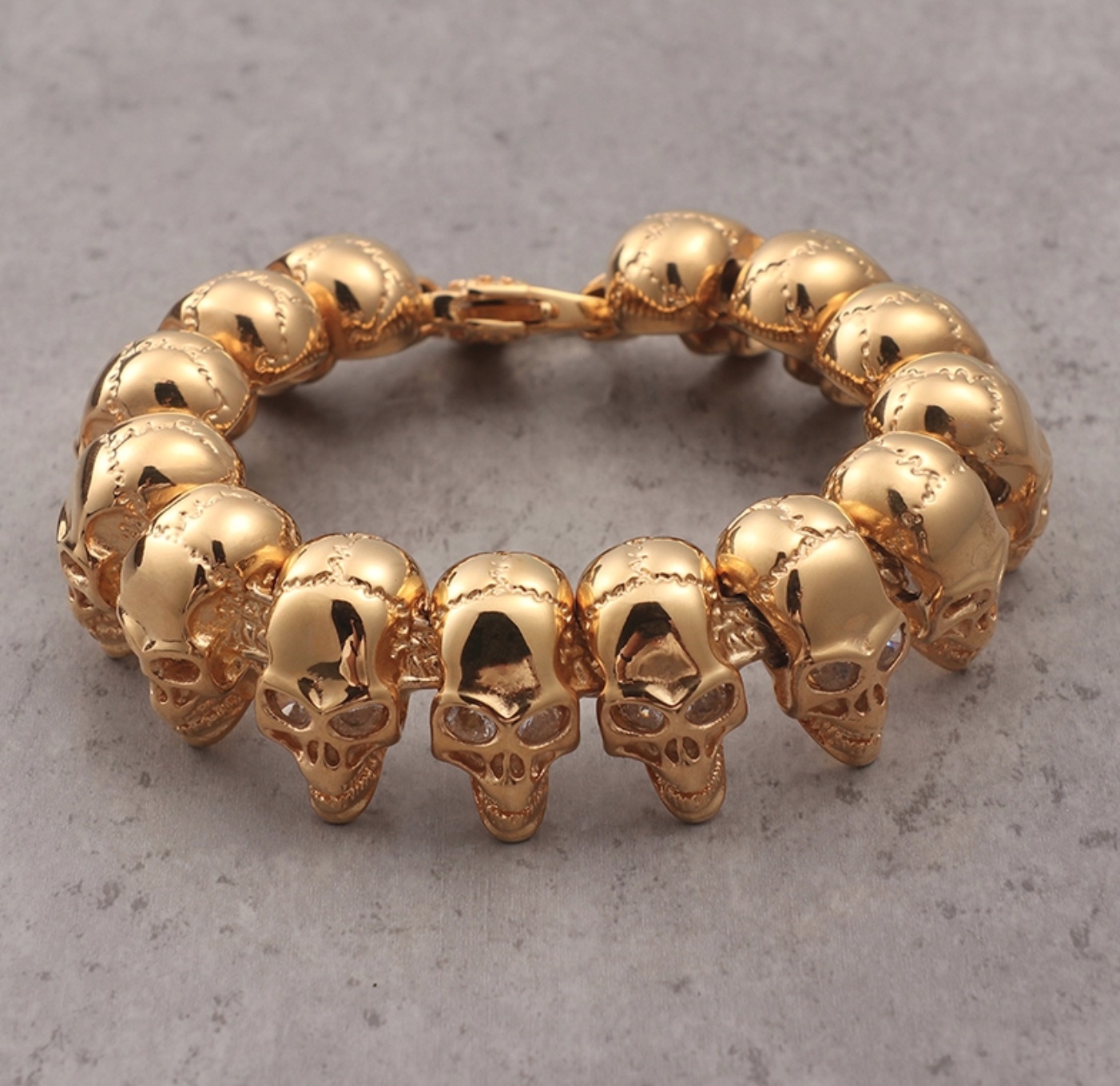 LICA Elegant Super Quality Gold Plated Stainless Steel Skull Head Bracelet With AAA CZ Stones For Men's Gift