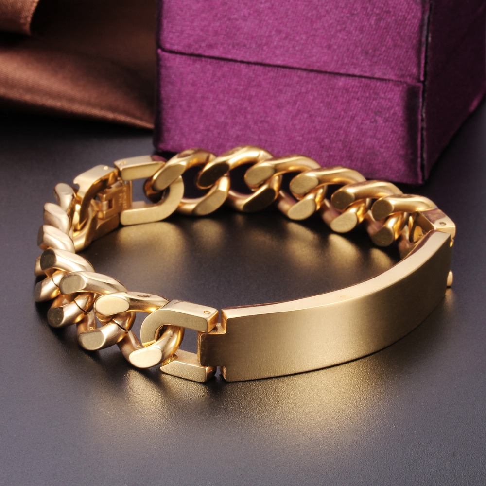 LICA 205x12mm Fashion Men Wrist Bracelet Stainless Steel Gold Plated Long Bar Chain Bracelet Can Engraved Logo