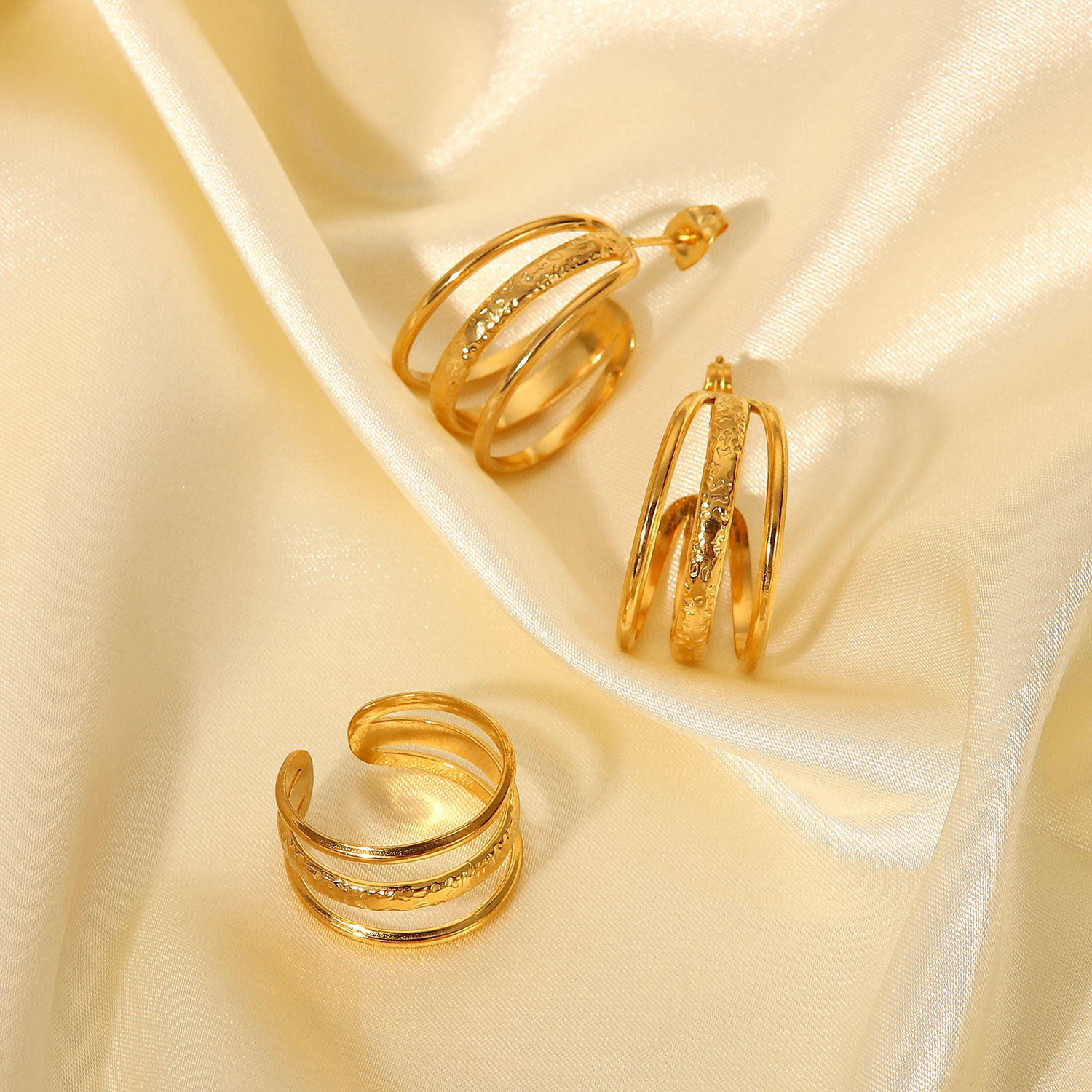 INS style 18K Gold Plated Stainless Steel Earring and Ring Jewelry Set