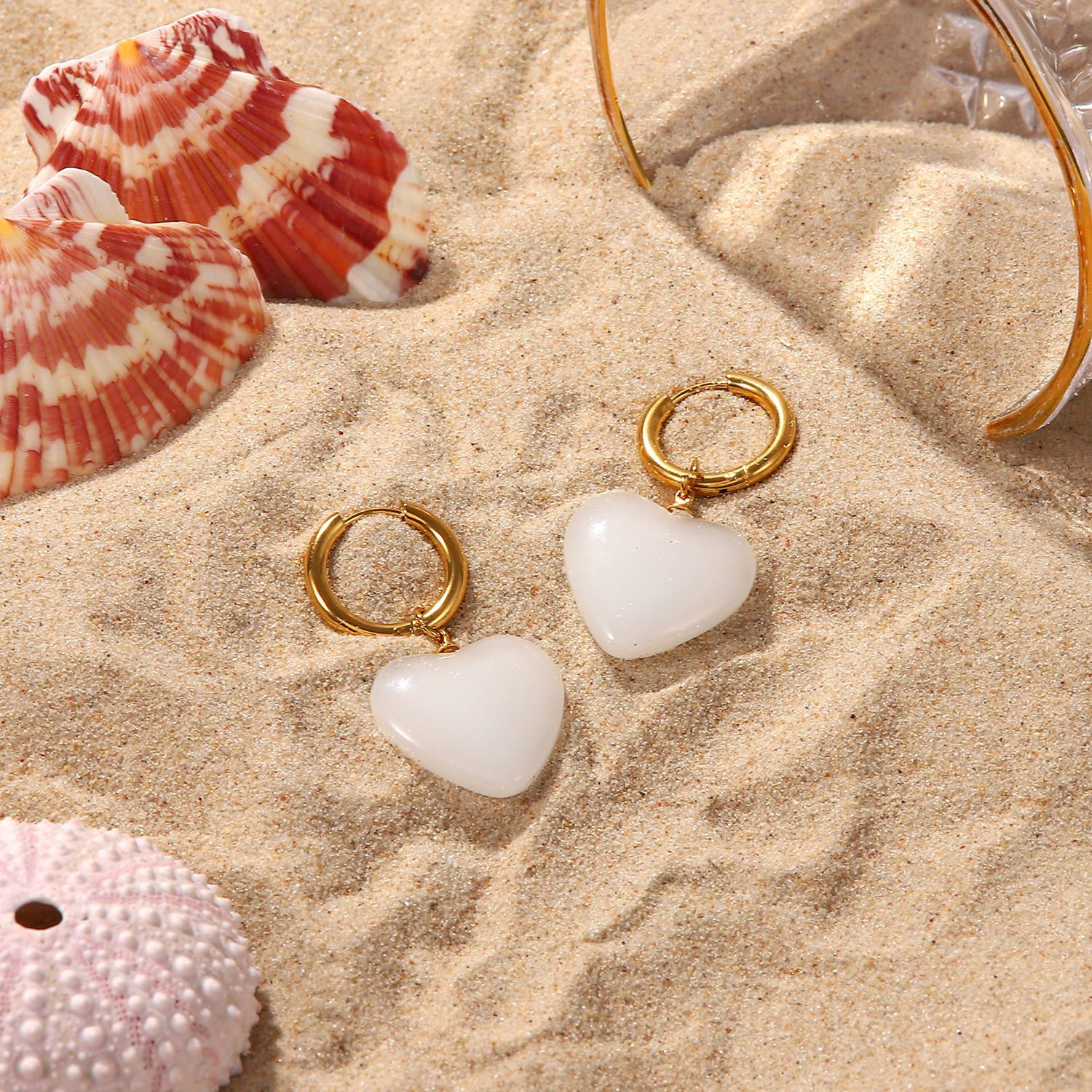 18k Gold Plate Stainless steel Earring with White Jade, Heart shape white Onxy Earring