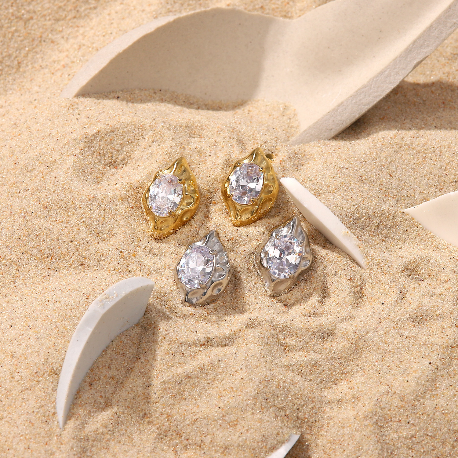 Vintage Cubic Zirconia Stone Earring, Hammered finish Stainless steel Earring