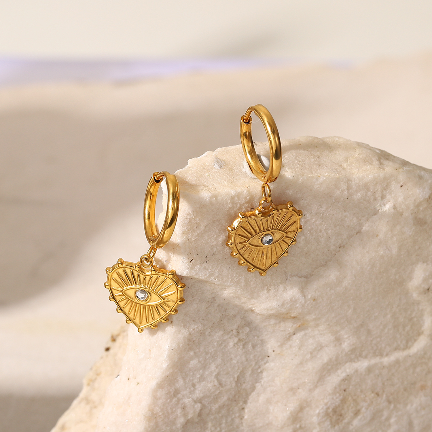 18K Gold plated Evil Eyes Earring, Stainless Steel Heart Shape hoop Earring for Women