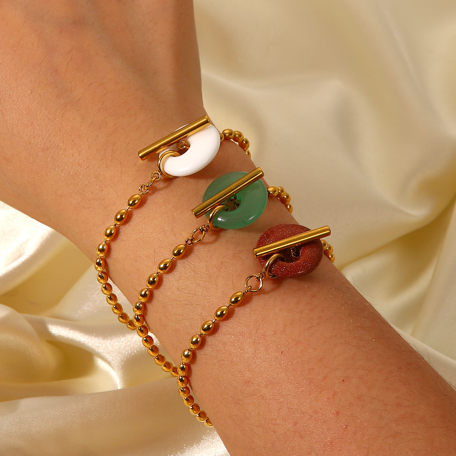 18k Gold Plated Stainles steel Bracelet, Gold oval bead chain Bracelet with Natural Stone connect OT Clasp Toggle Closure