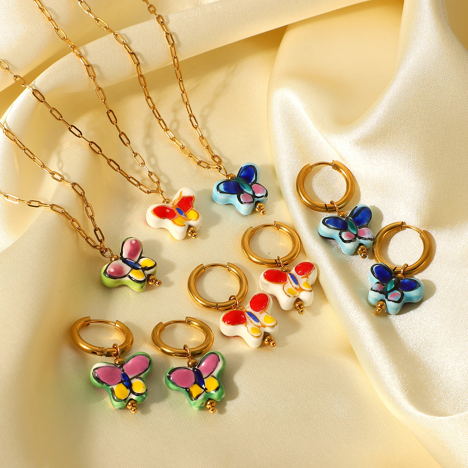 Hot Sale New Designed Stainless Steel Hoop Earring and Necklace Jewelry set, ceramic Bufferfly Pendant with Enamel colors