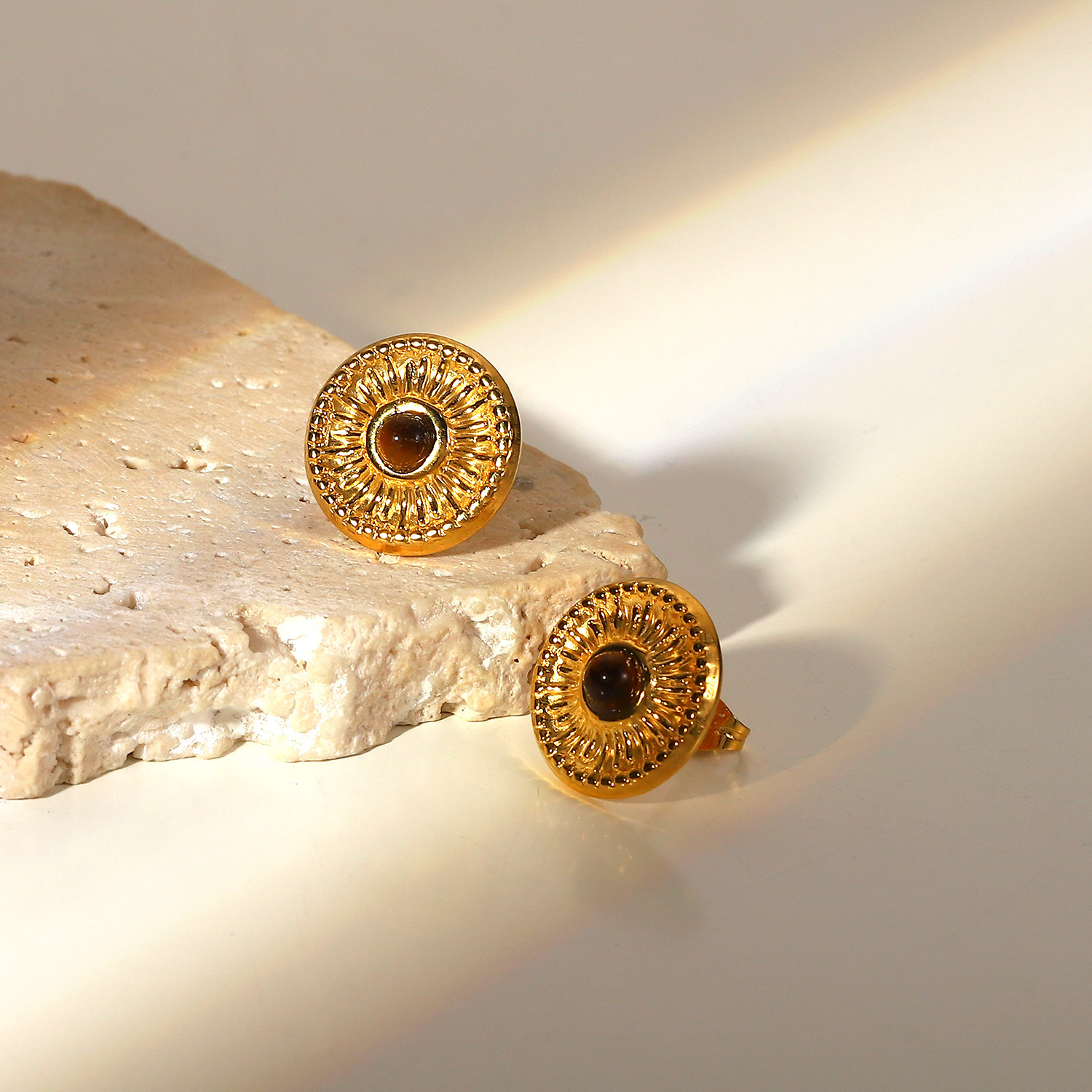 Button Stud Earring, Stainless Steel Earring with Cat Eye Stone Inlay Setting