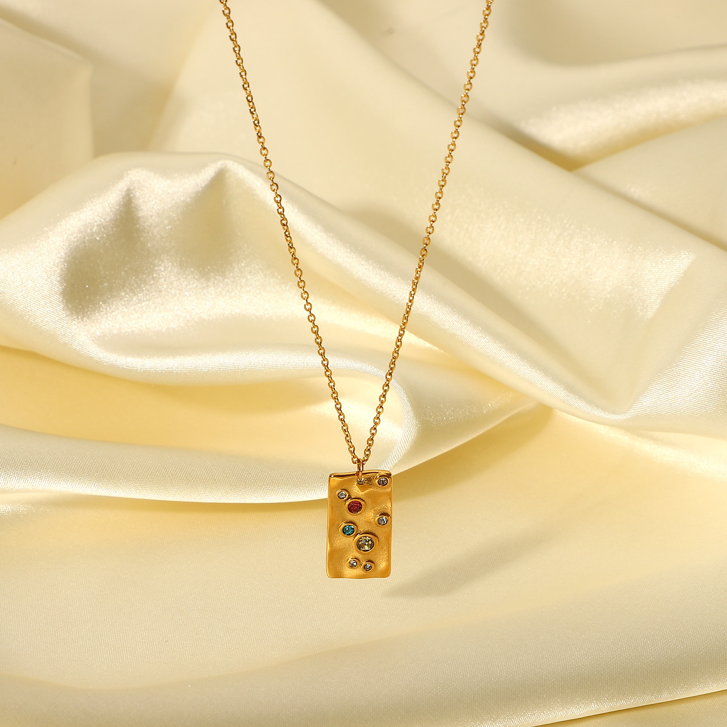 Colored Zirconia Stainless Steel Square Pendant Necklace,Hammered Finish Pendant Necklace