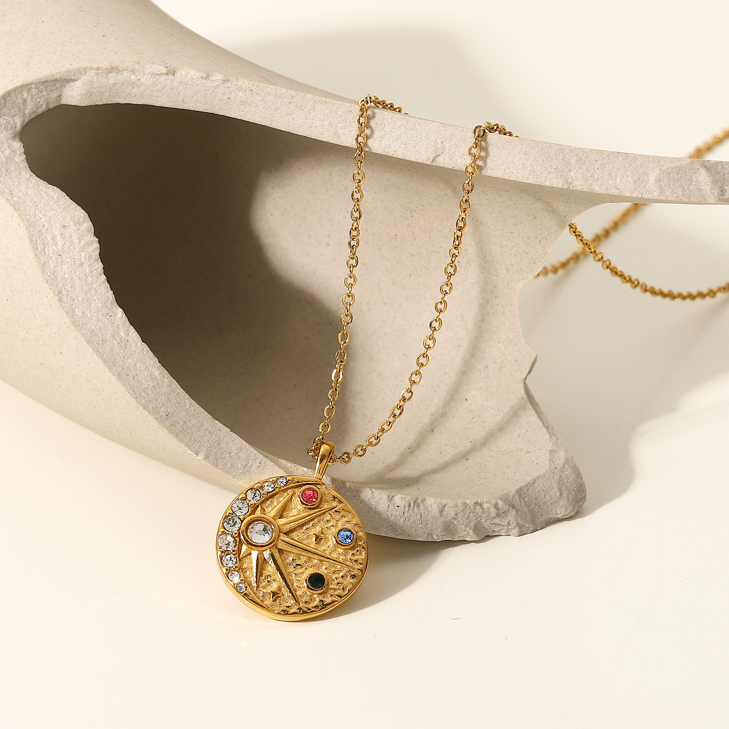 18k Gold Plated Anaglyph Hammer Finish Moon Crystals Necklace