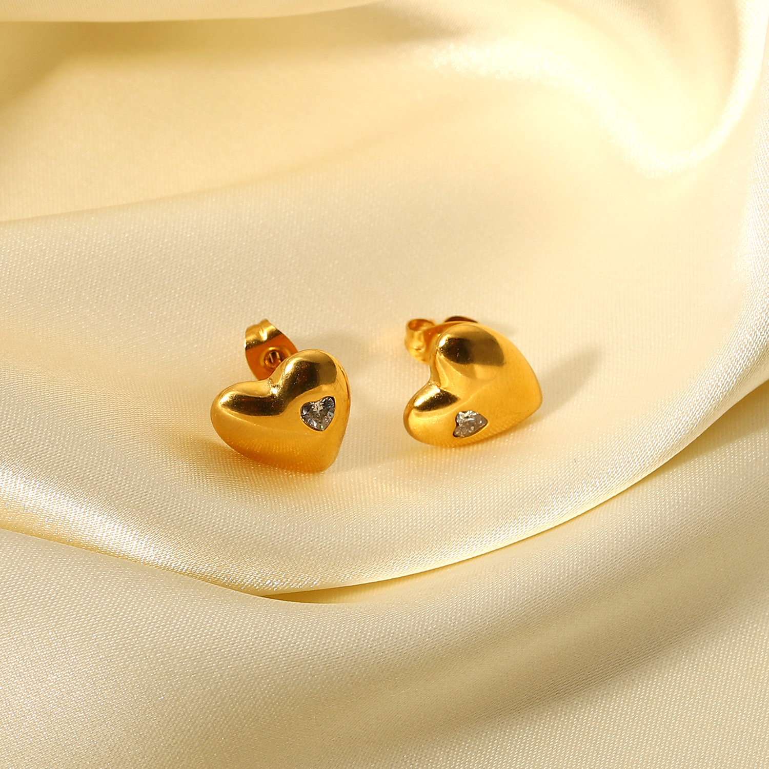 Gold Plated Fancy Heart Shape Earring, Stainless Steel Stud Earring With Crystal Bezel Setting