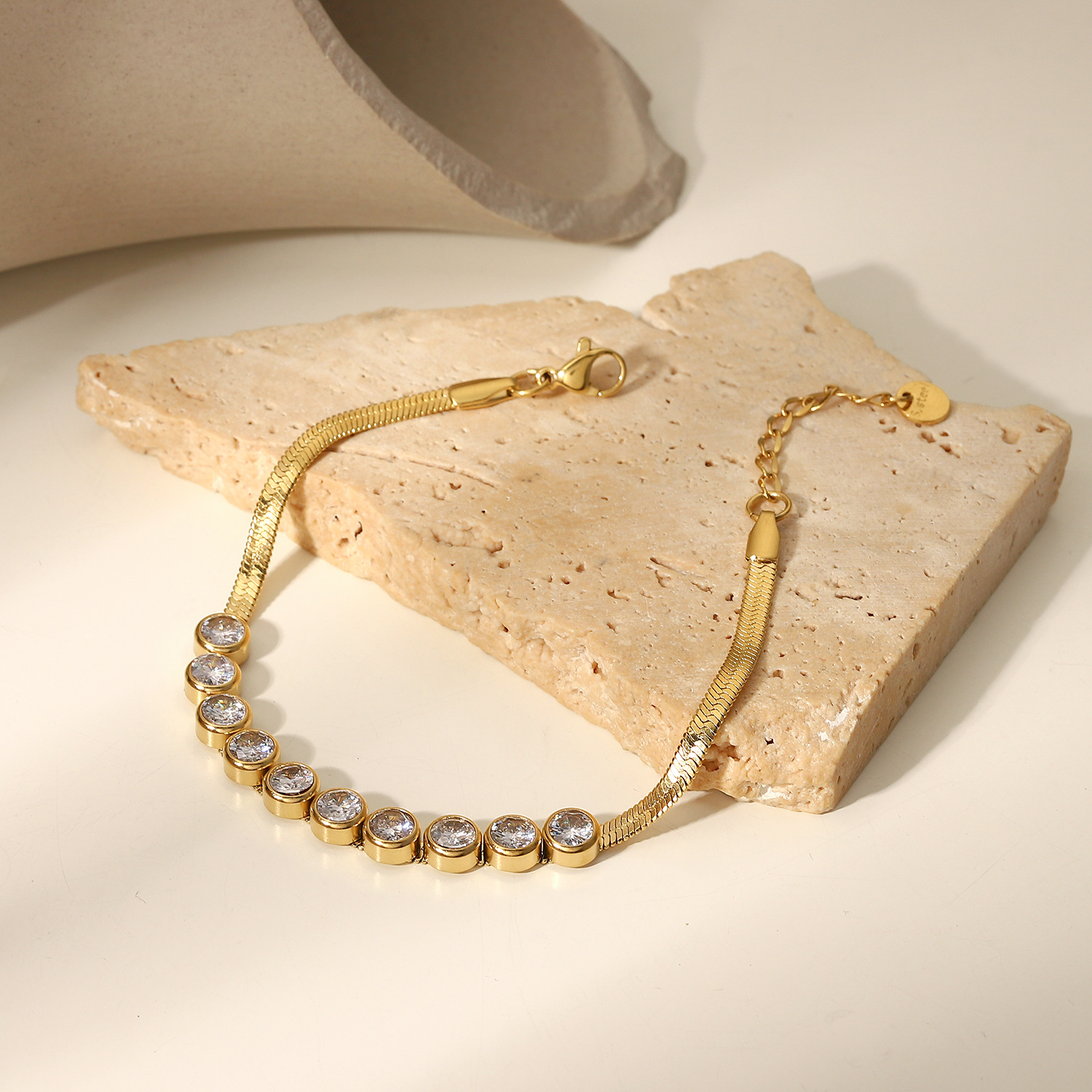 14k Gold Plated Snake Chain Bracelet with Big Zirconia Stone Bezel Setting