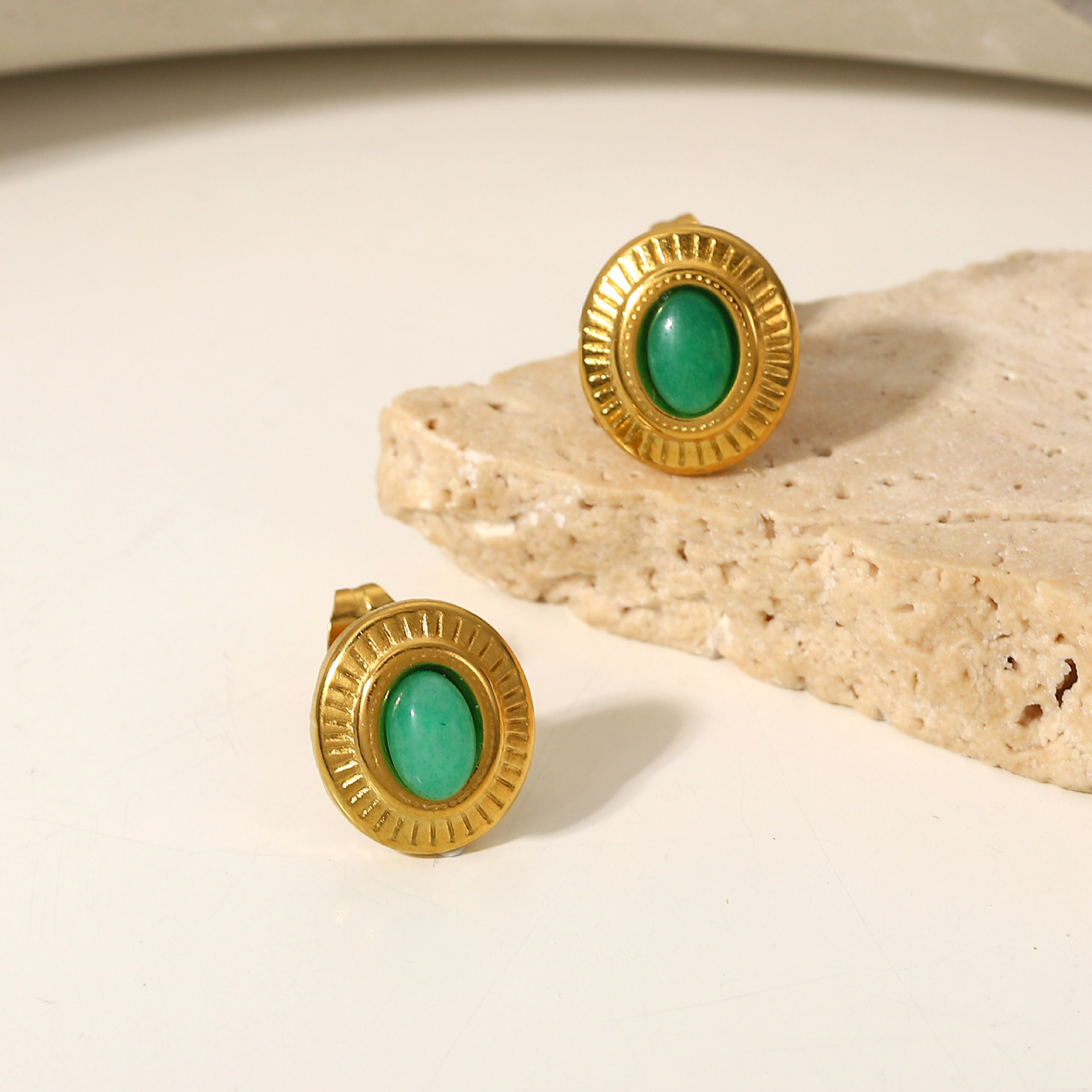 Oval Shaped Button Earring With Emerald Stone inlay Setting