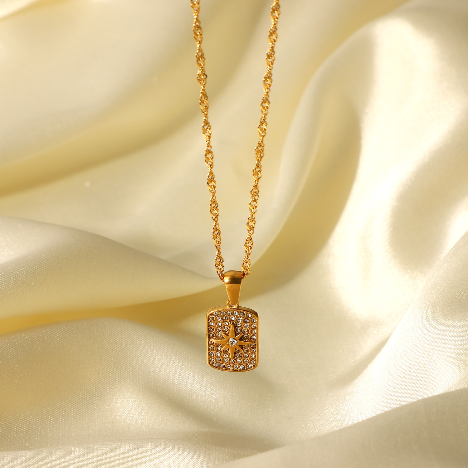 Full Crystal Setting Pendant Necklace,Stainless steel Square Pendant Necklace with Eight Star In the Middle