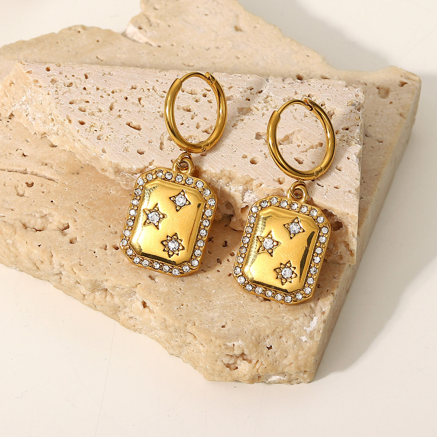Square Shape Earring, Stainless Steel Earring with Crystals Surrounded