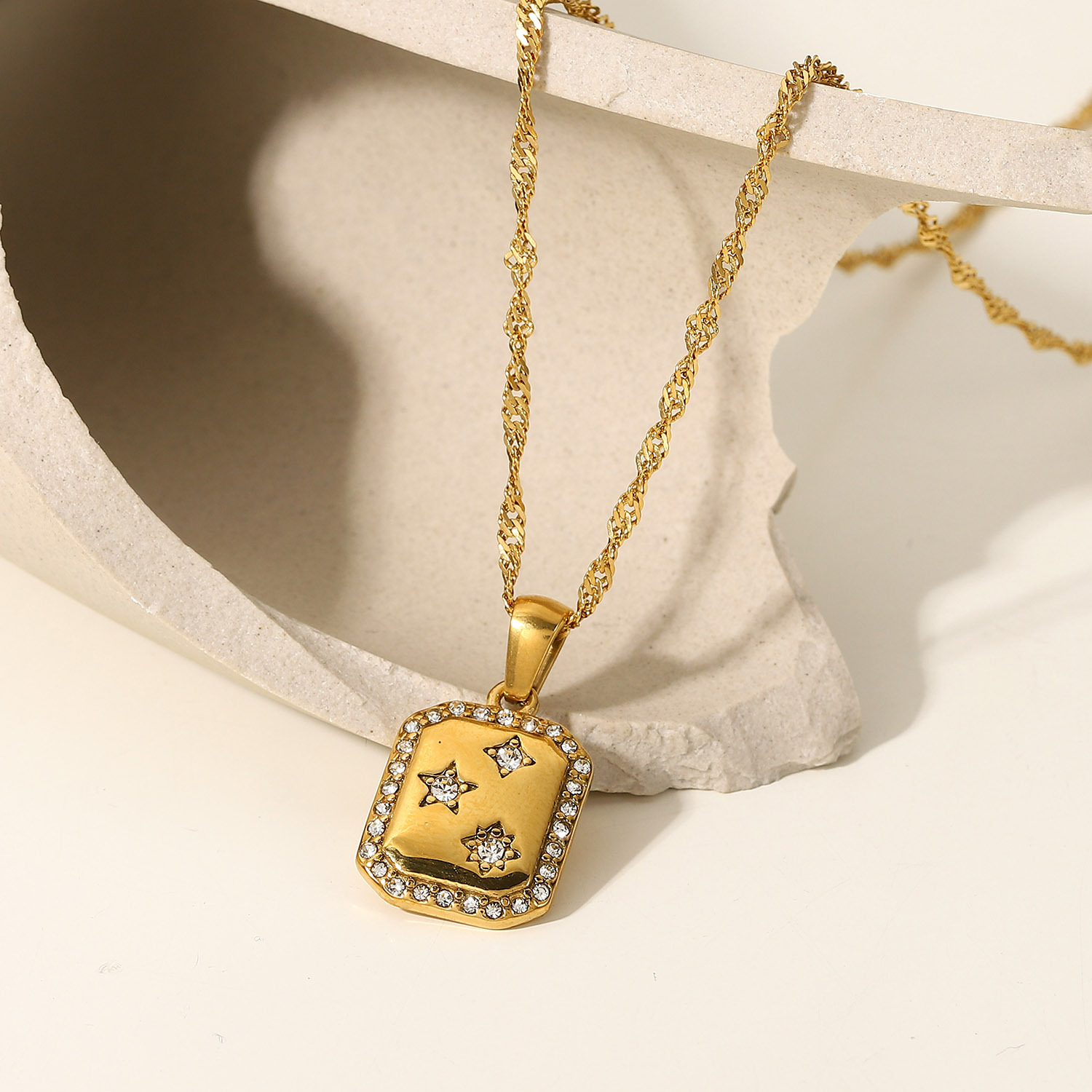 Ins Style Square Pendant Necklace with Crystals Surround
