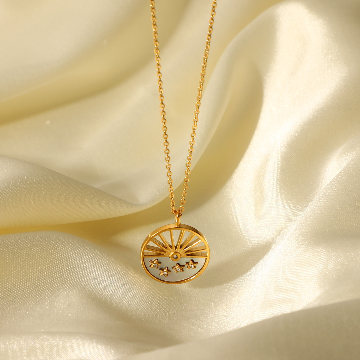 18k Gold Necklace, White shell Sun and Star Pendant Necklace For Women