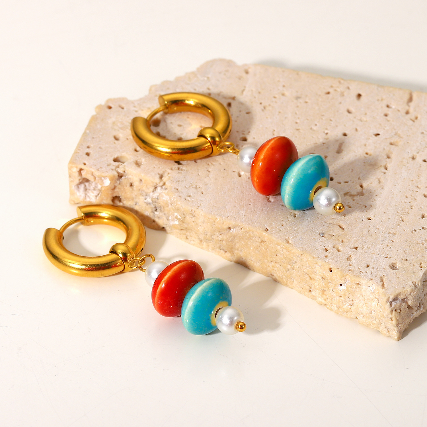 Colored Ceramic Bead and Pearl Earring, Stainless Steel Hoop Earring fashion For Lady