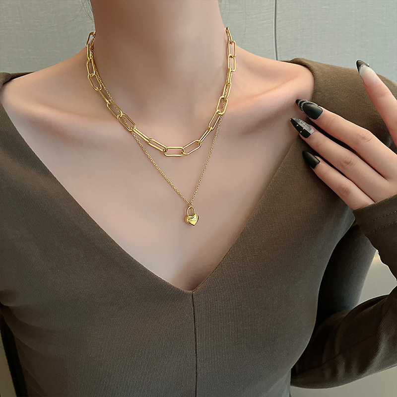 Two Layer Stainless Steel Chain Necklace, Lock Necklace