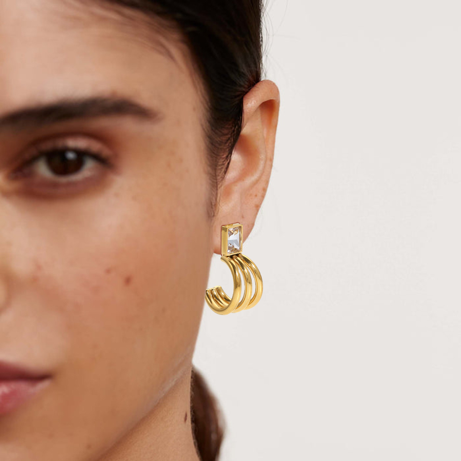 Gold Plate Three Lines Tube Earring,Stainless Steel Stud Earring ,Square Crystal Earring