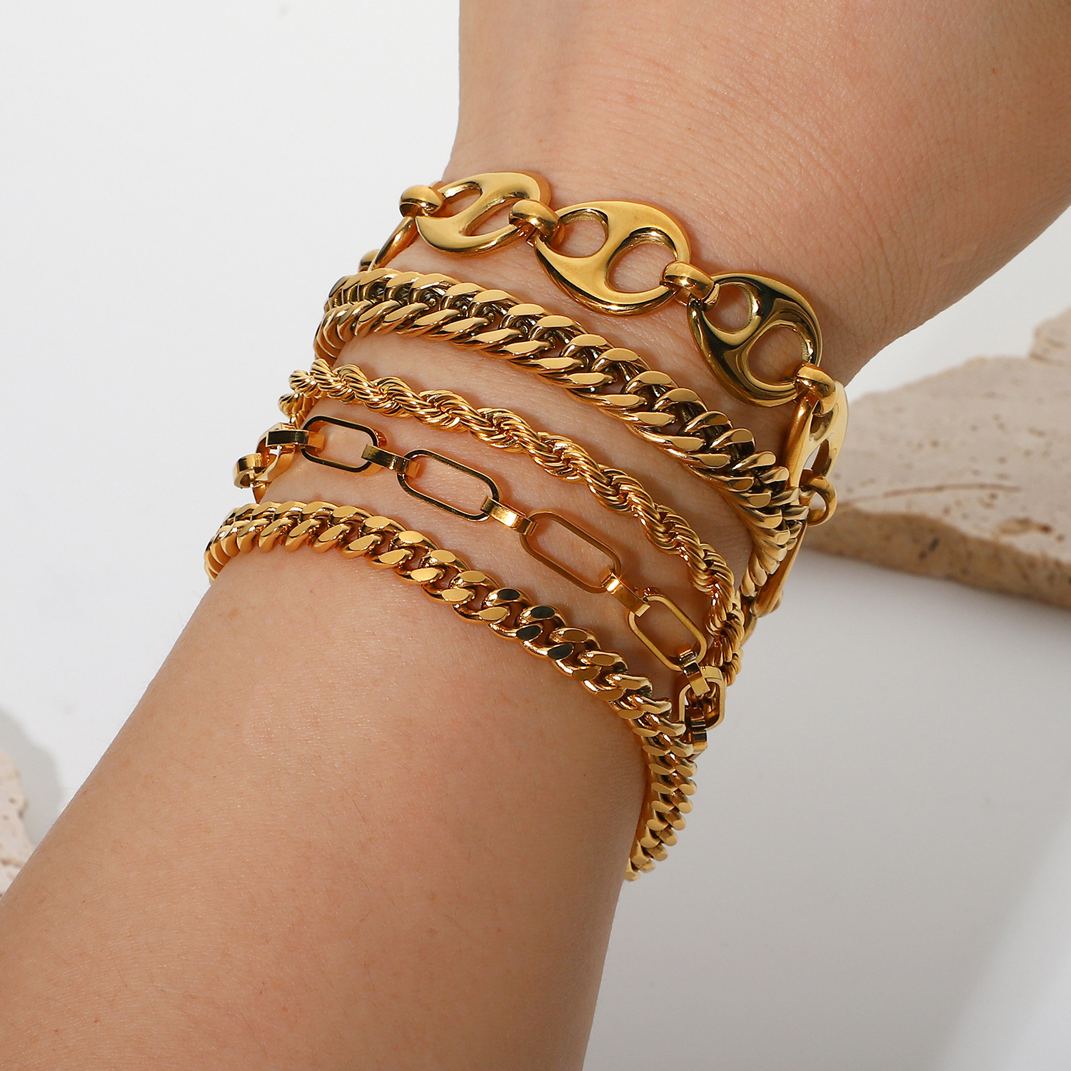 Cuban Chain Bracelet,Stainless Steel Chain Bracelet Set,Stackable Link Bracelet,Lady's Hot Sale Bracelet Gold Plate Color