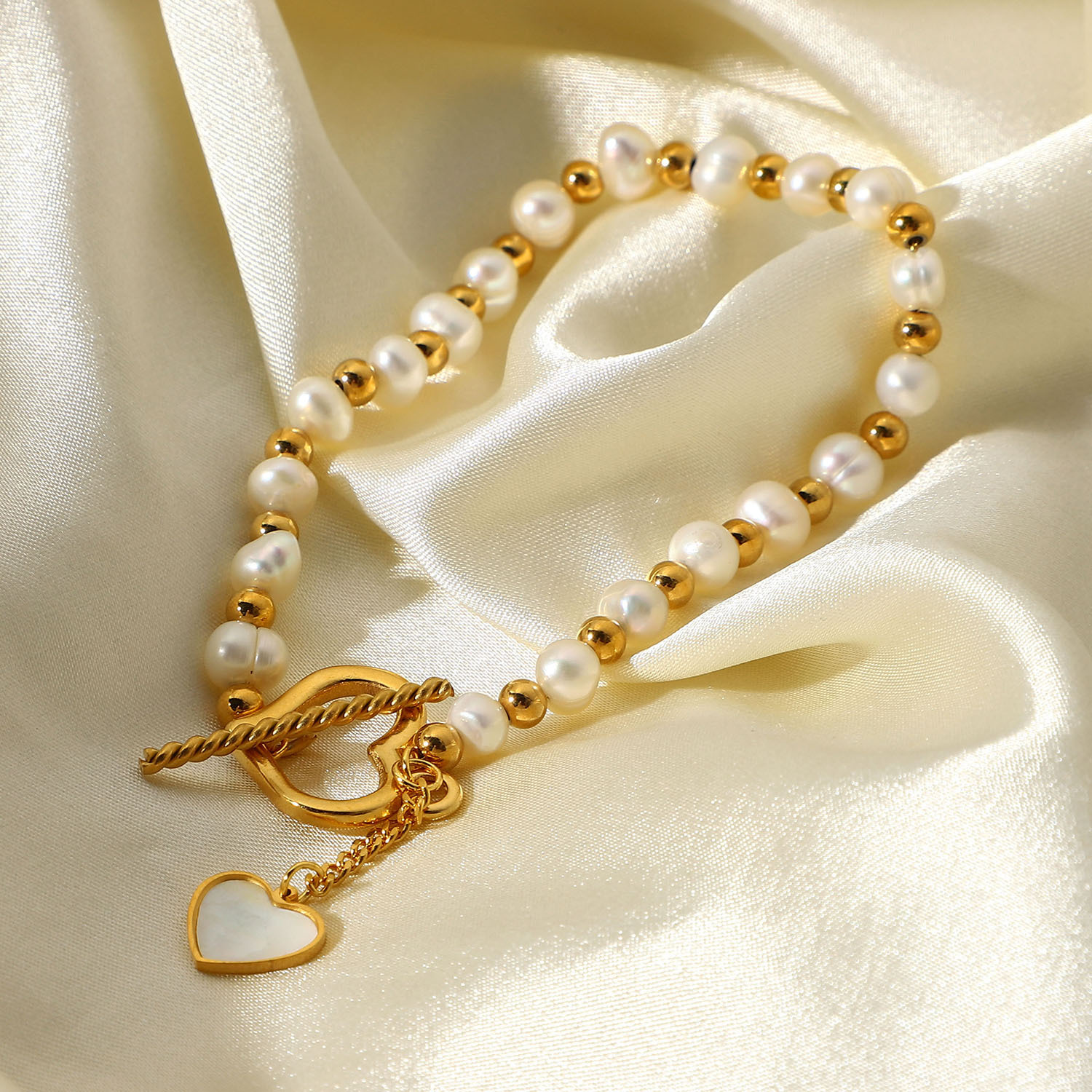 Fresh Water Pearl Bracelet,Stainless Steel Bead Bracelet,Bracelet With Heart shape Toggle Clasp,Love Pendant With White Sea Shell