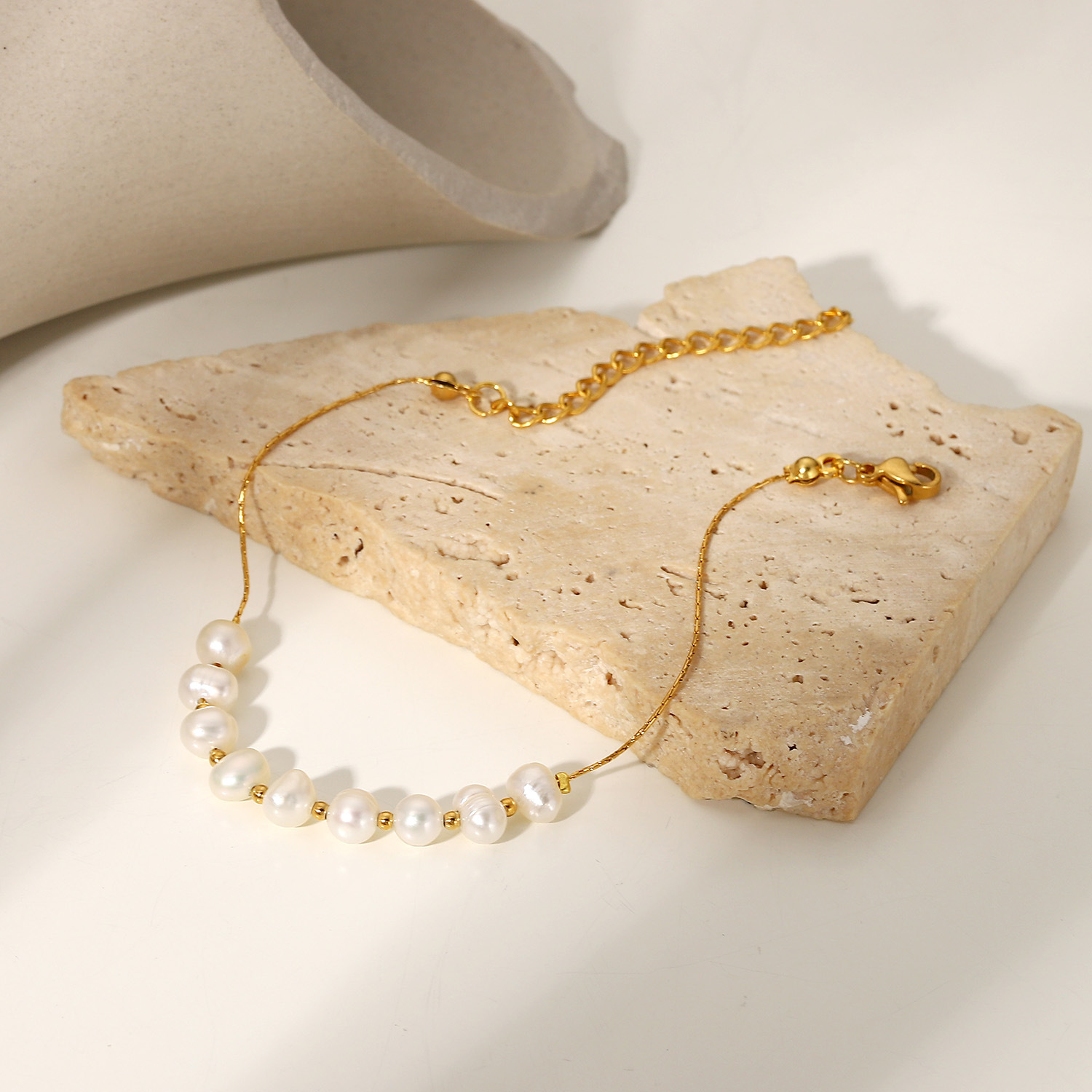 Fresh Water Pearl Bracelet,Thin Lady's Bracelet, 18K Gold Plated Stainless Steel Bracelet