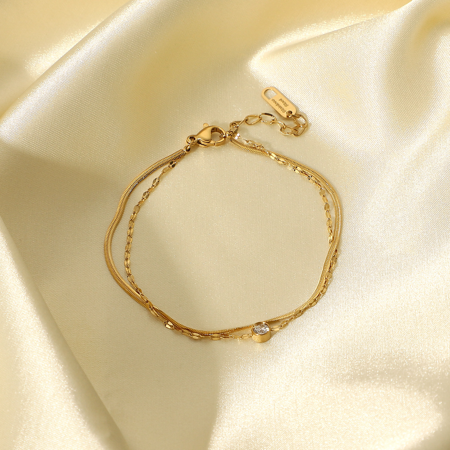 Minimalism Double Deck Bracelet,Two Layer Snake Chain Bracelet,Stainless Steel Gold Plate Bracelet,Crystal Bracelet