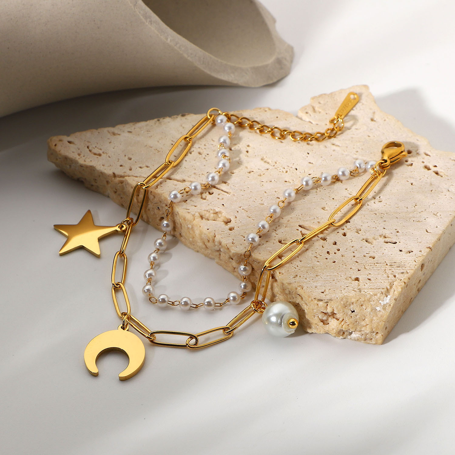 Stainless Steel Pearl Bracelet,Two Layer Bracelet with Star and Moon Charm Pendant