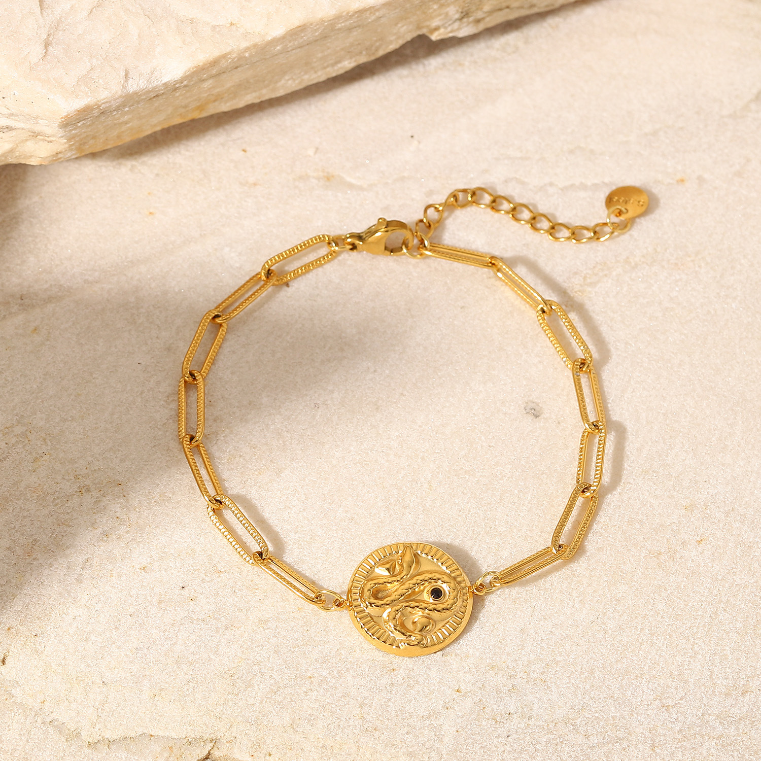 Snake Embossed Round Disc Pendant Bracelet,Gold Plated Link Chain Bracelet