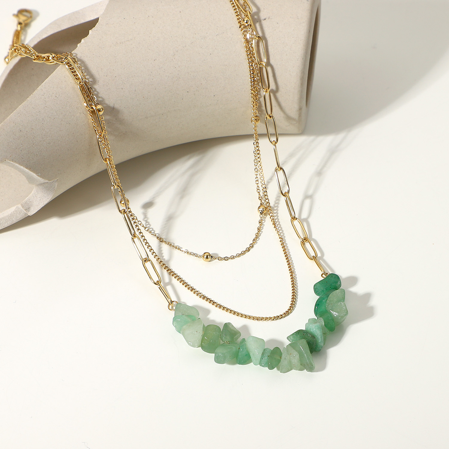 Three Layer Necklace, Natural Green Stone Necklace,Stainless Steel Chain Necklace With Stones