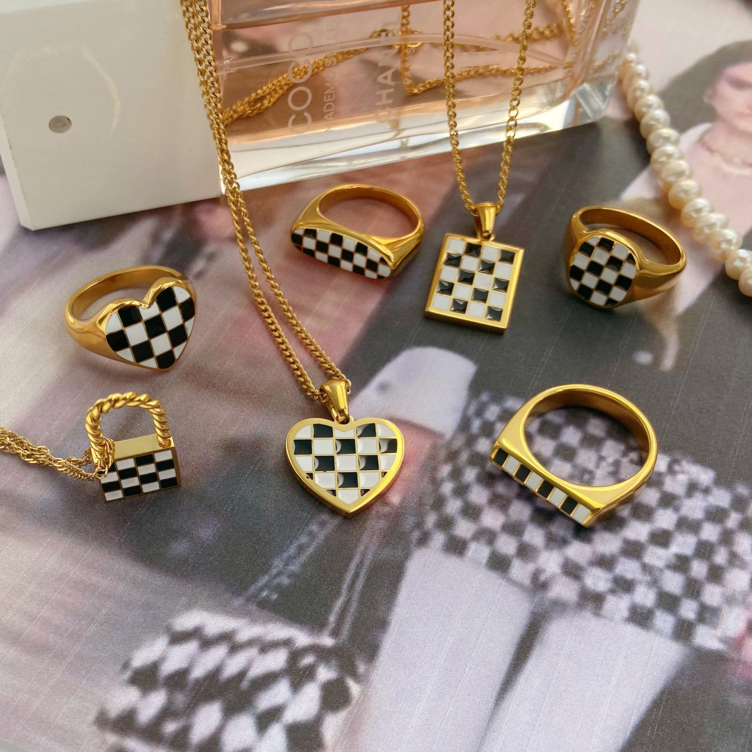 Checker Pattern Designed Stainless Steel Ring with Enamel Colors