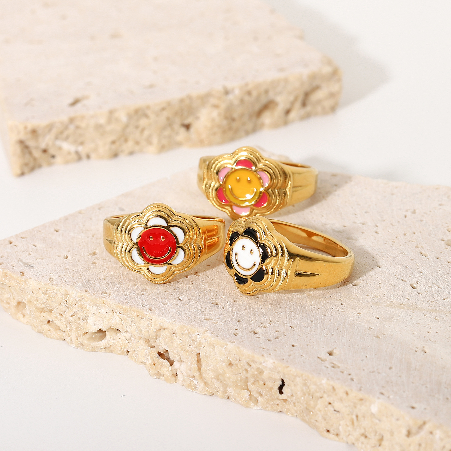 Smile Face Sunflower Ring Jewelry,Gold Plate Stainless Steel ring with Enamel Colors