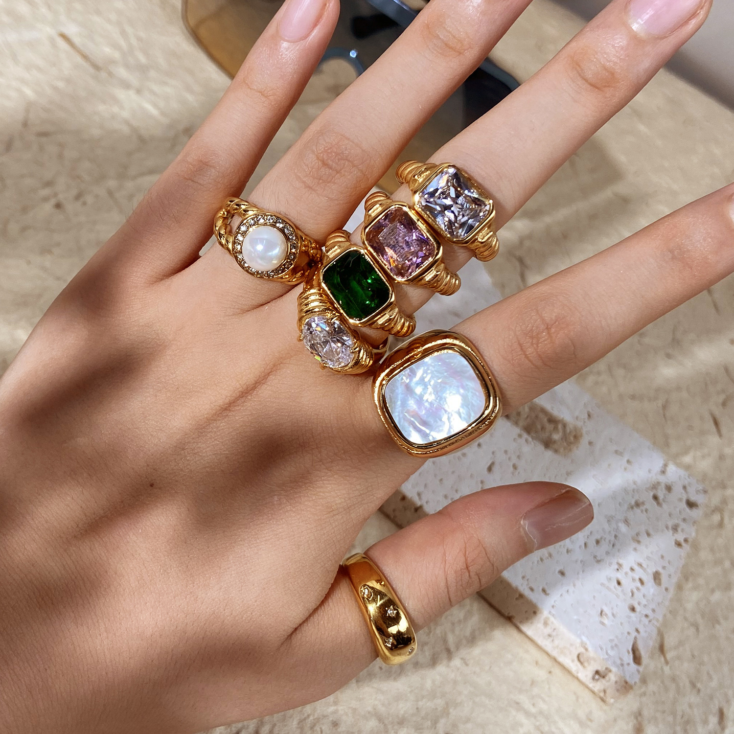 High Quality Gold Plate Rings,Stainless Steel Finger Ring set, Big Stone Ring,Crystal Ring,Natural Stone Ring