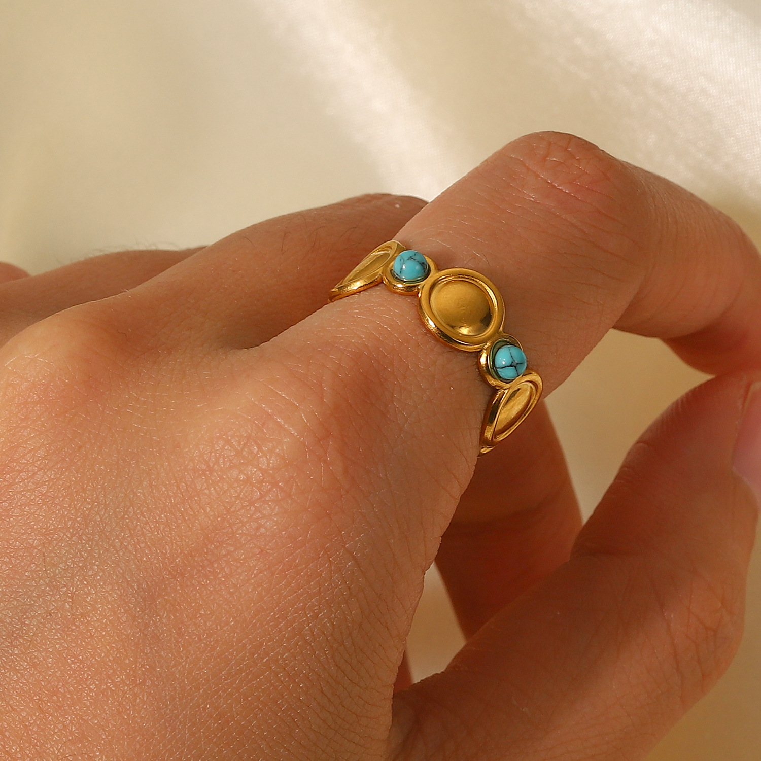 Semi-Precious Stone Ring, 18k Gold Plate Turquoise Stone setting Finger Ring Jewelry, Open Ring Cuff Rings