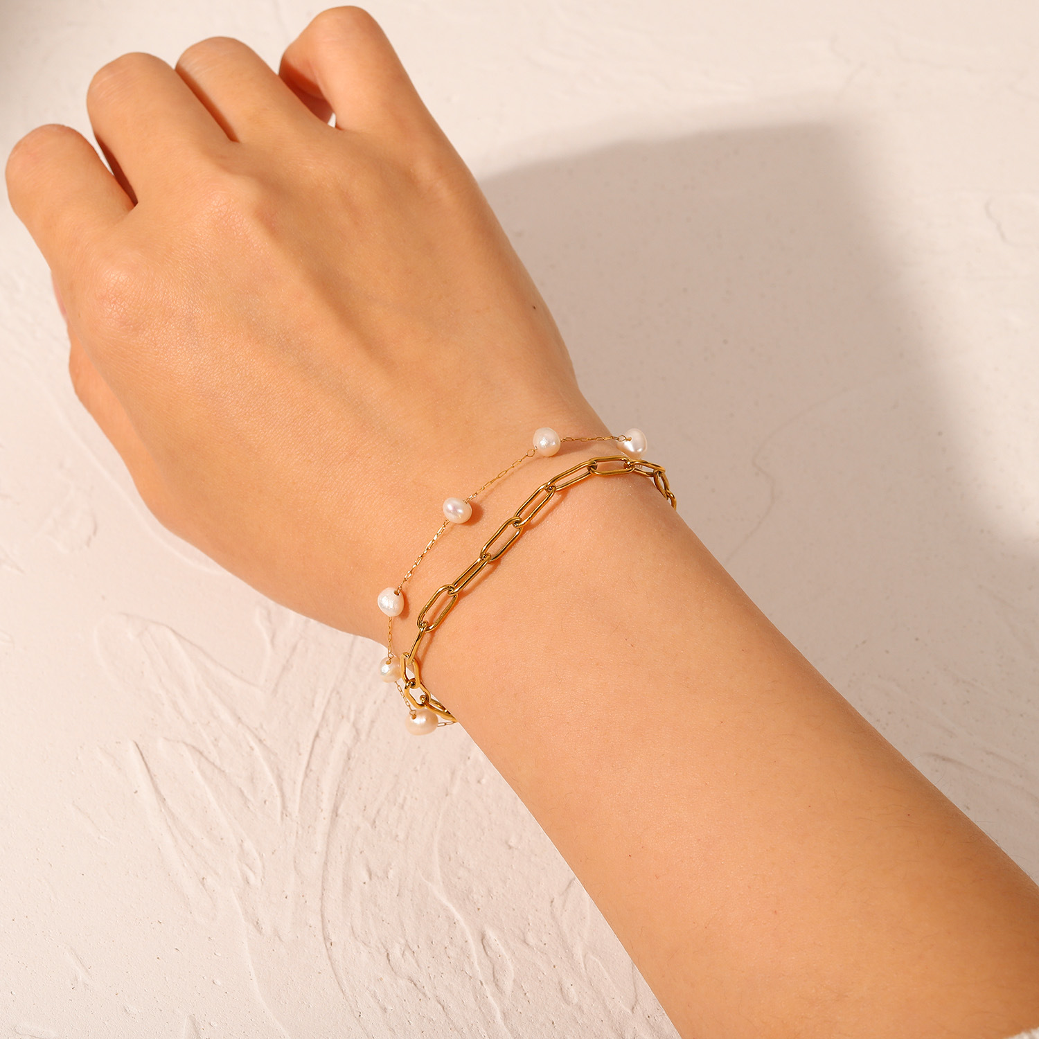 Fresh Water Pearl Bracelet, Two Layer Link Chain Bracelet, Lady's Fashion Wirst Bracelet From Factory