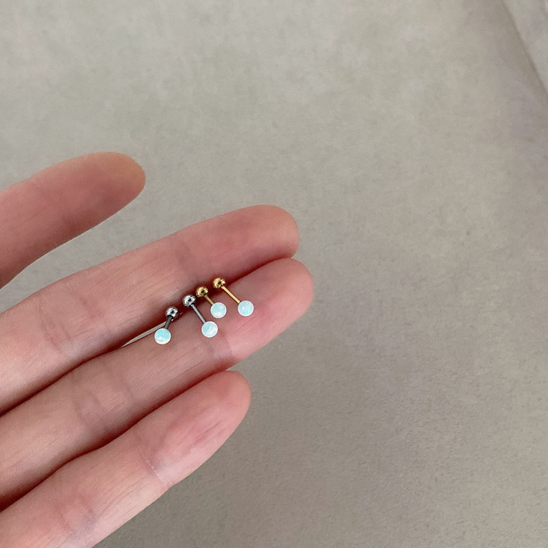 Invisible Ultra Short Fine Needle Stainless steel Screw Earring, White stone Cochlear Small Stud Earring Nail,Opal Stone Earring