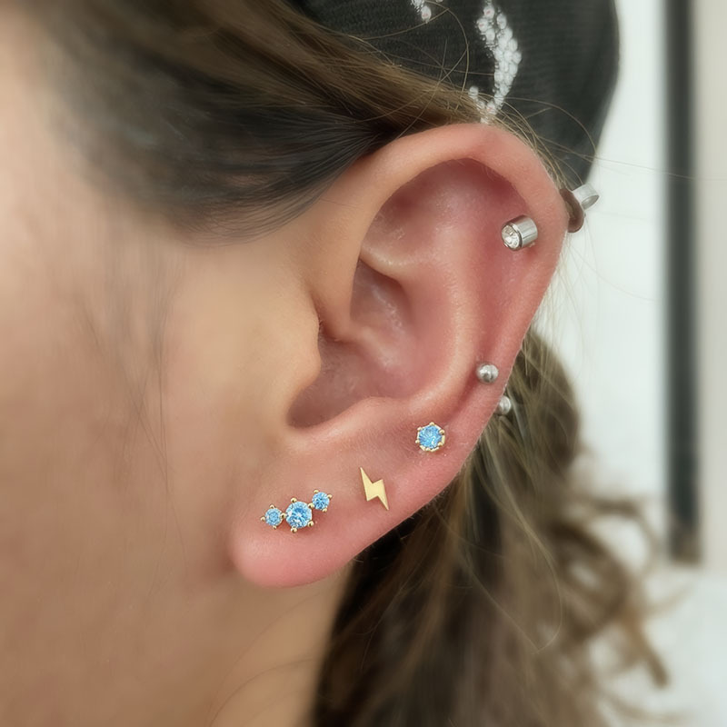 Stainless steel thin rod ear nail new fashion color zircon screw ball ear nail piercing jewelry