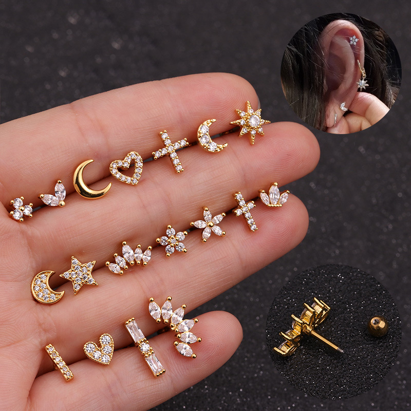 Safety Bady Earring,Stainless steel rod micro-inlaid zircon crown ear bone nail screw screw ball fashion earrings European and American piercing jewelry,Screw Earring