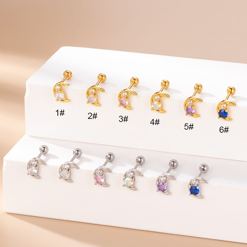 LICA JEWELRY Colorful Zircon Moon Shape Double-sides Screw Ear Bone Piercing,Fashion New Stainless Steel Thin Post Earring Piercing Jewelry