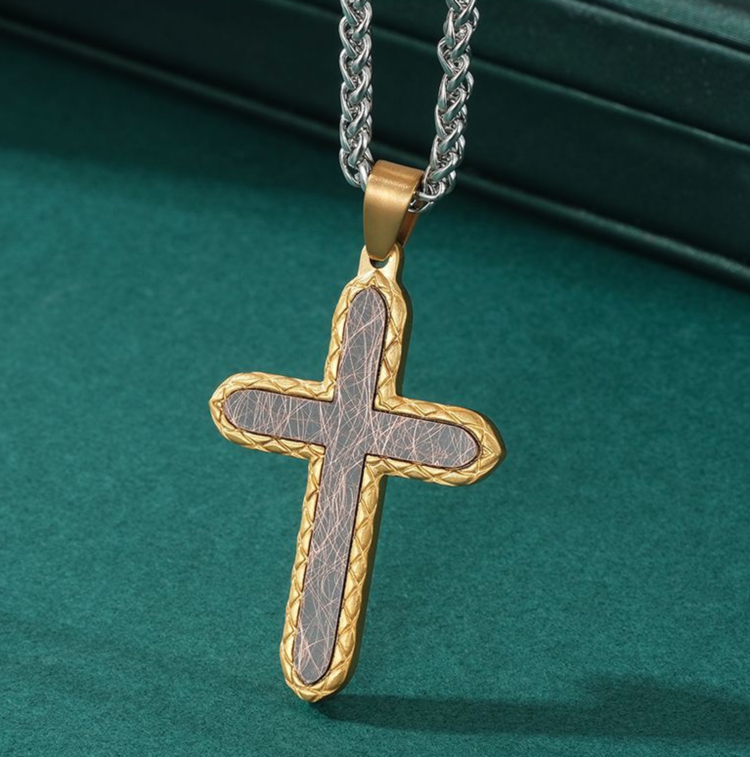Stamped prismatic inset cross pendant in ancient color with random pattern men's two-color stainless steel two-tone pendant
