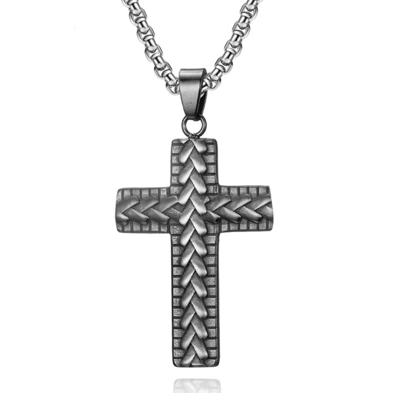 European and American men's stainless steel cast woven pattern pendant titanium steel electroplating residual ancient silver religious jewelry necklace