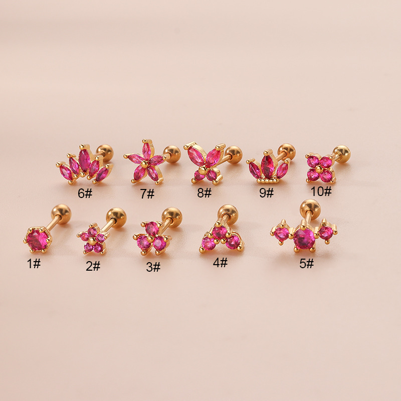 Rosy zircon flower Crown Ear bone Stud double screw stainless steel thin rod stud fashion piercing earrings