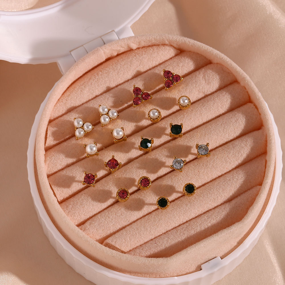 Fashion simple and versatile earrings jewelry stainless steel pearl zircon retro mini round earrings for women