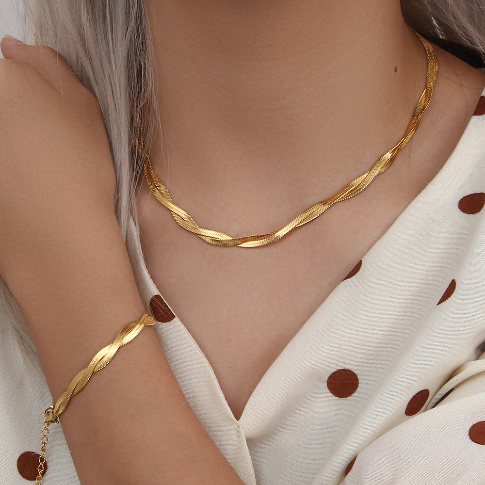 European and American designed clavicle chain, stainless steel snake necklace bracelet,two strands woven fishbone shaped stainless steel bracelet necklace set