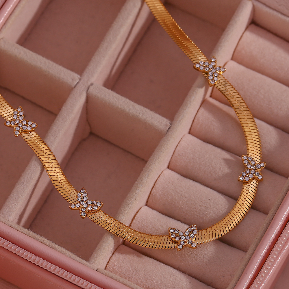 LICA JEWELRY Stainless steel plated 18K mini zircon little Butterfly mesh chain necklace female jewelry