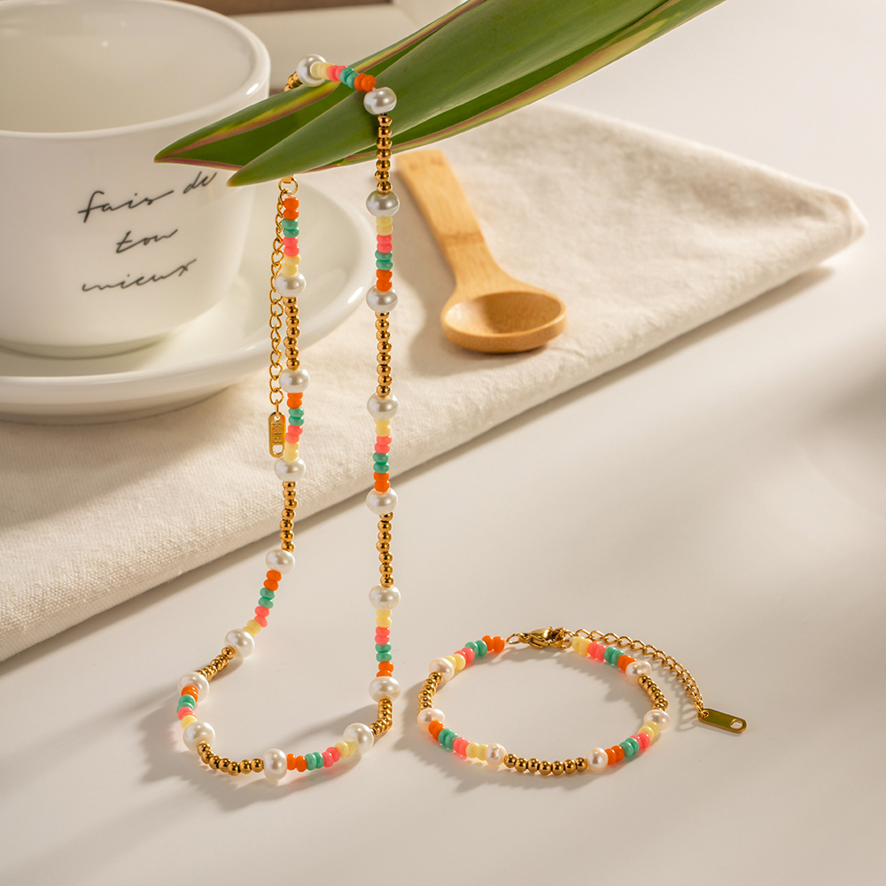 LICA JEWELRY Charm 18K Gold Plated Stainless Steel Bracelet Jewelry Set Nature Stone Pearl Bead Chain Choker Necklace Set