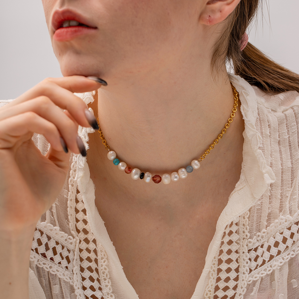 LICA JEWELRY 18K Gold Plated Stainless Steel Jewelry Gift Splicing Natural Stone Pearl Colorful Choker Necklace