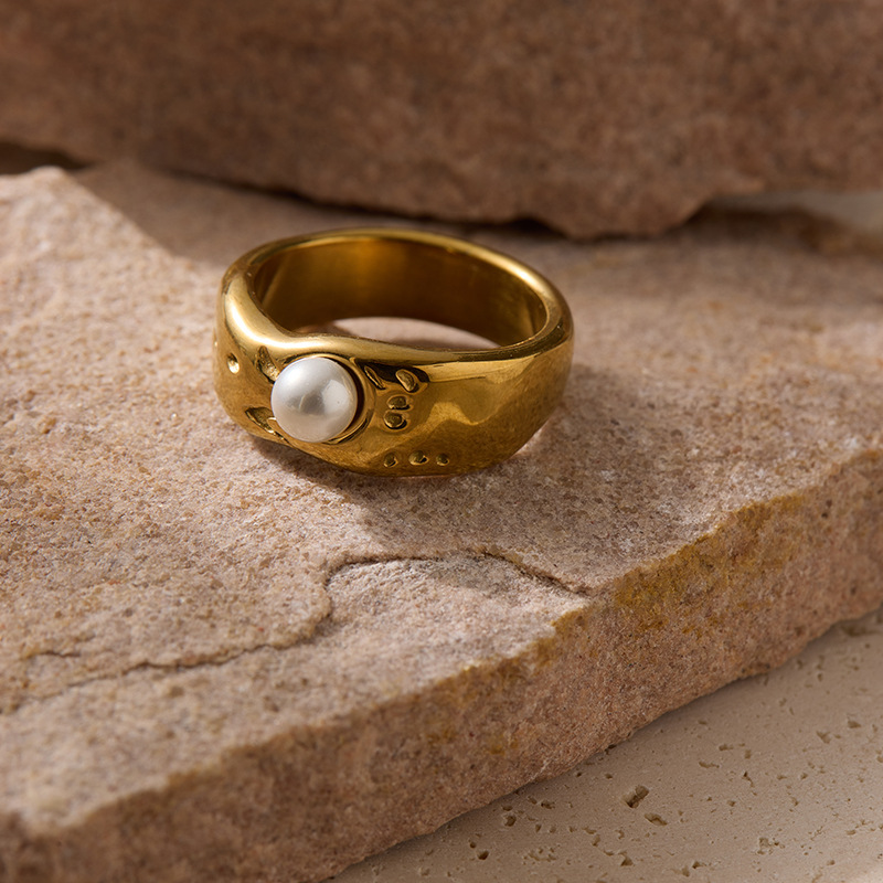Irregular matte minimalist cool European niche ring made of stainless steel, solid, with pearl inlay