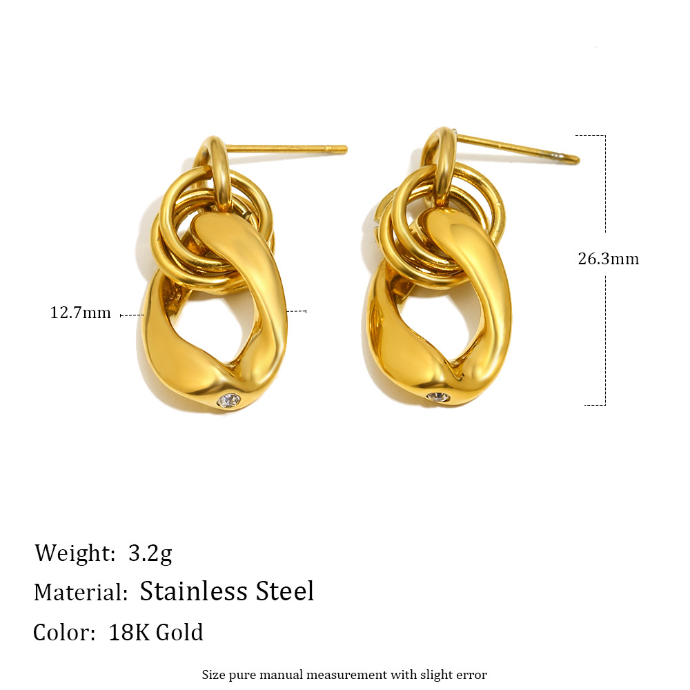 Fashionable and elegant design creative earrings. Stainless steel plated with 18K gold and set with diamonds. Simple ear studs.