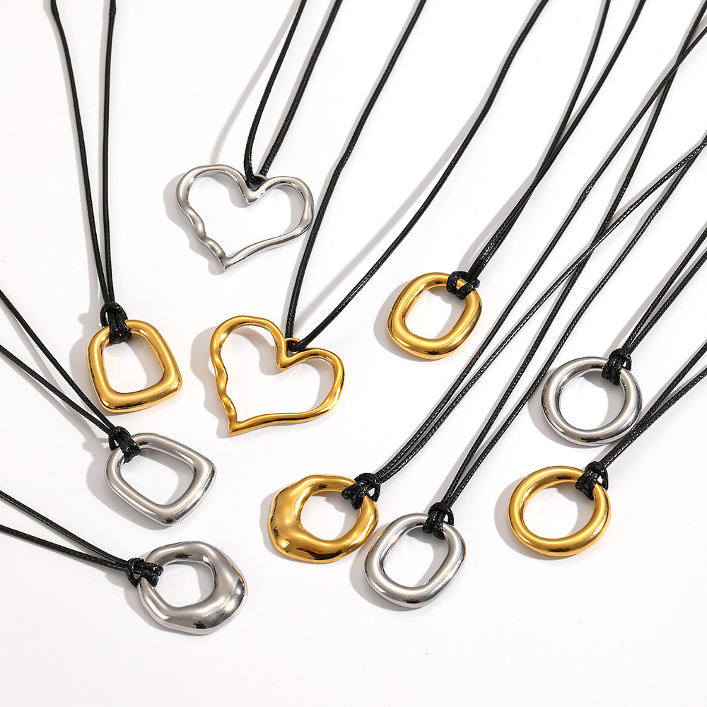 Personalized long wax rope sweater chain adjustable geometric heart-shaped stainless steel pendant necklace versatile and colorfast