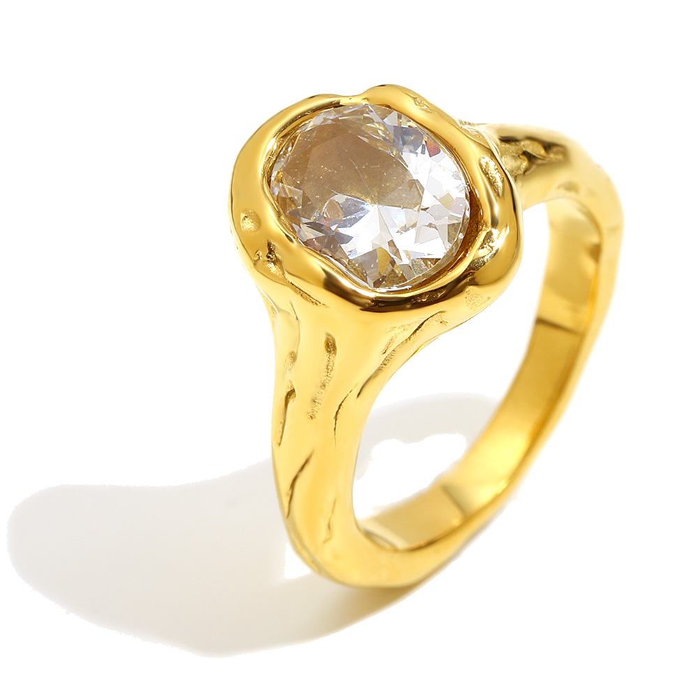 Personalized jewelry - stainless steel plated with 18K gold, with a hole design, egg-shaped zirconium stone ring for women
